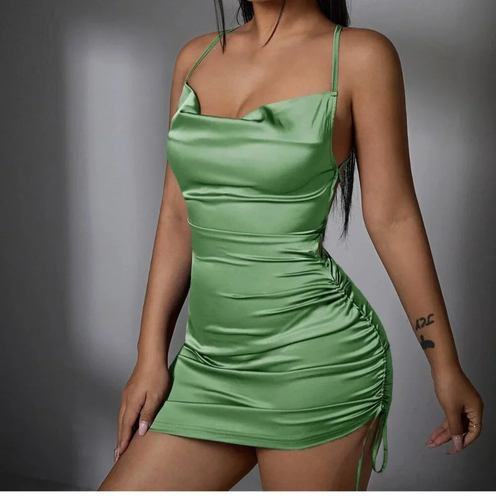 NWT SHEIN SXY Lace Up Backless Satin Bodycon Dress Mint Green and Size Small
